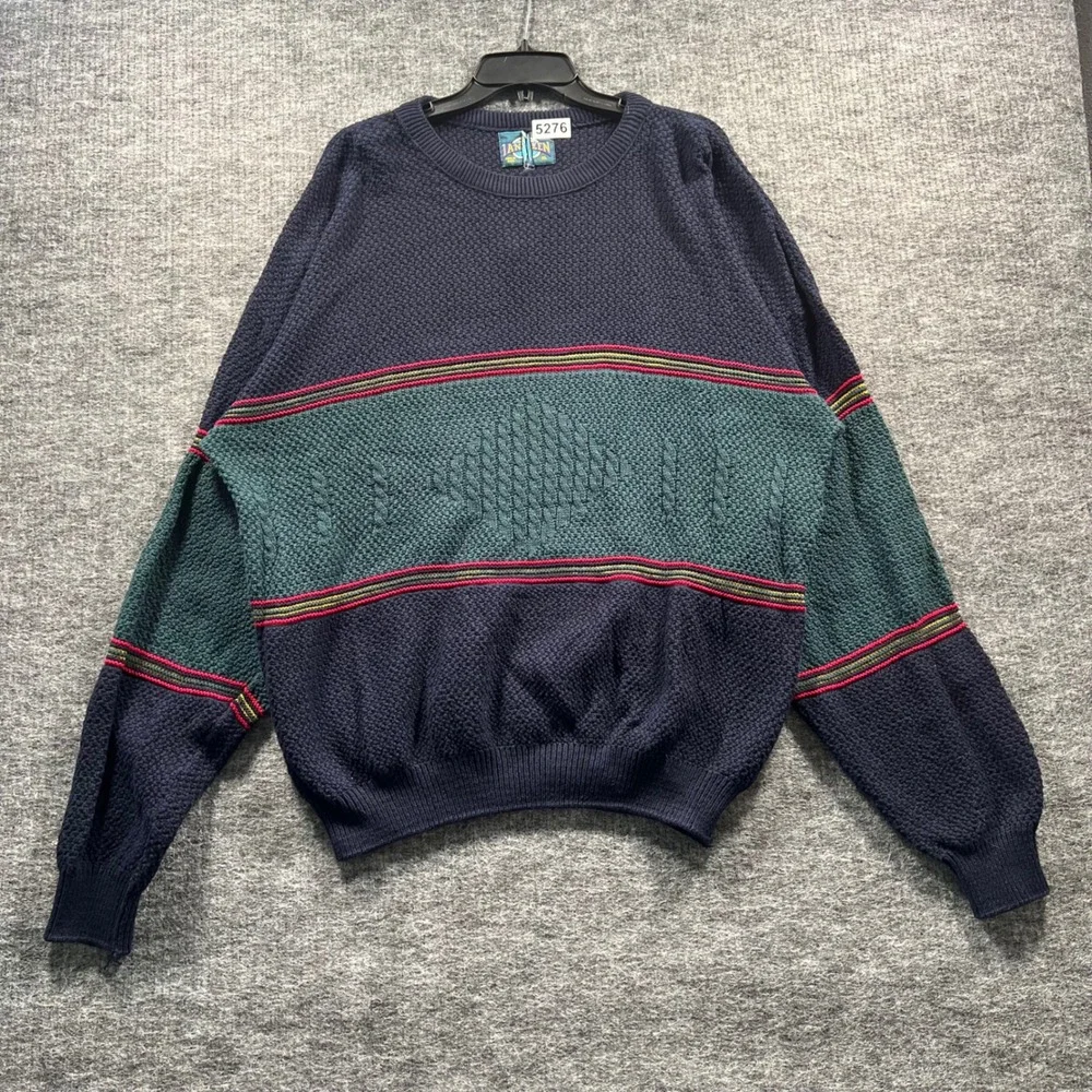 Vintage Jantzen Mens XL Sweater Navy Teal Colorblock Textured Knit 90s USA Made